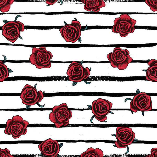 Gothic Red Roses on Black Grungy Stripes Vector Seamless Pattern