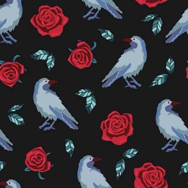 Halloween Corbeau Roses Vecteur Modèle Sans Couture — Image vectorielle
