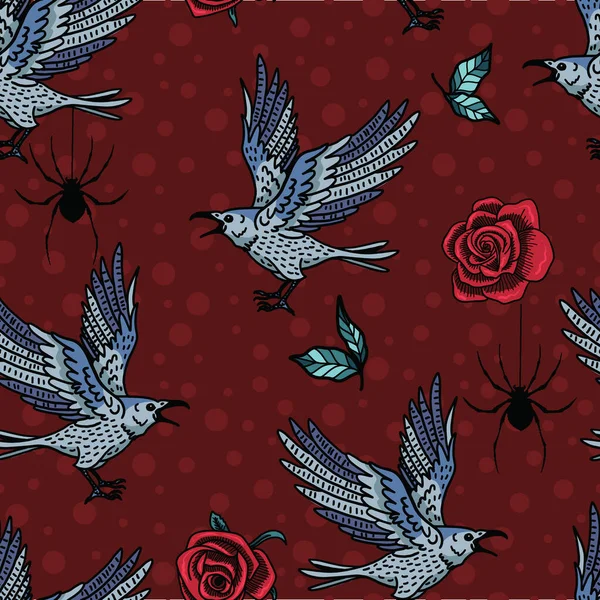 Raven Birds Gothic Red Roses Halloween Vector Seamless Pattern — Archivo Imágenes Vectoriales