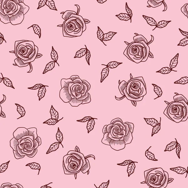 Roses Dessinées Main Feuilles Motif Sans Couture Vectoriel Rose — Image vectorielle