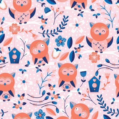 Şirin Baykuş Kuşları ve Çiçekler Vektör Kusursuz Desen