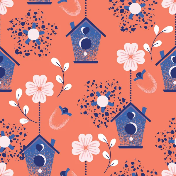 Mignon Oiseau Maison Fleurs Vectoriel Sans Couture Modèle — Image vectorielle