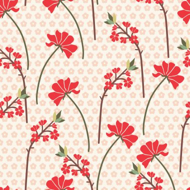 Yaz Kırmızı Çiçekleri Vektör Dalları Kusursuz Desen