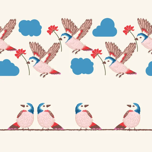 园中可爱的小鸟 无缝线水平边界设置 — 图库矢量图片