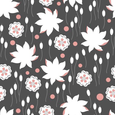 Koyu Gri Vektör Şeklinde Nilüfer Çiçekleri ve Kapsüller