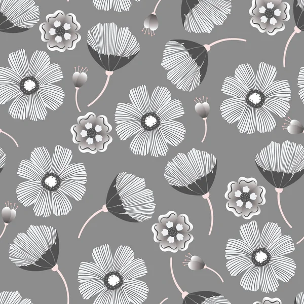 Modèle Sans Couture Vecteur Floral Gris Monochrome — Image vectorielle