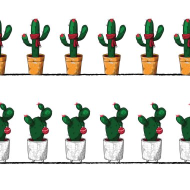 Tatil Süslemeli Kaktüs Vektörü Kusursuz Yatay Kenarlıklar Ayarlandı