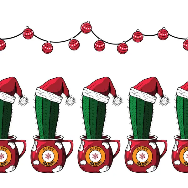 Christmas Cactus Ornaments Decoration Vector Seamless Horizontal Borders Set — Stock Vector