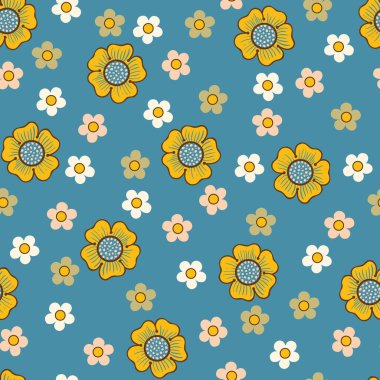 Mavi ve sarı renkli Ditsy Çiçekleri Kusursuz Arkaplan Deseni