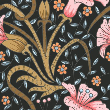 Klasik Sanatlar ve Sanatlar Hareketi Çiçek Bush Vektörü Kusursuz Desen