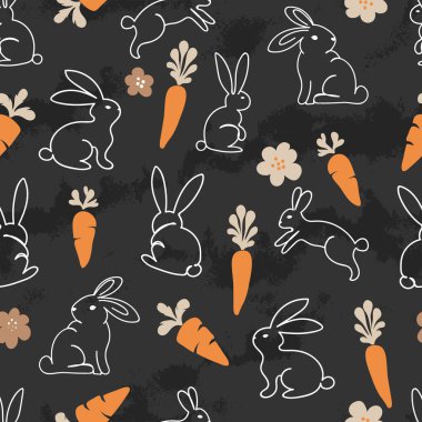Siyah Tahtada Beyaz Çizgi Sanat Tavşanları Arkaplan Vektörü Kusursuz Desen