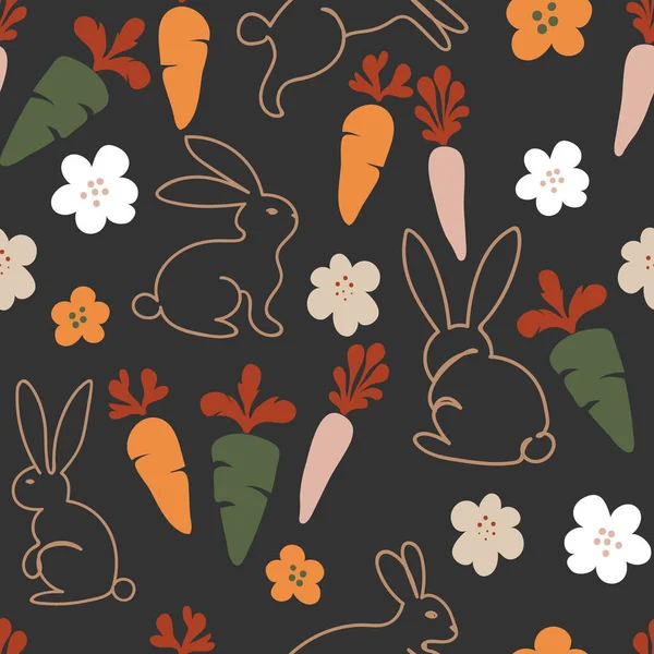 Çizgi Sanat Tavşanları, Çiçekler ve Havuçlar Siyah Arkaplanda Kusursuz Şekilde