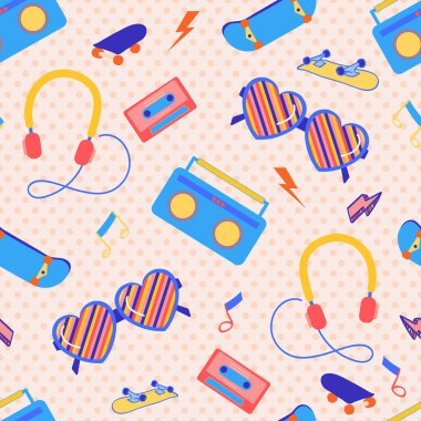 Cool 80 'lerin Müzik Ürünleri ve Aksesuar Vektörü Kusursuz Desen 