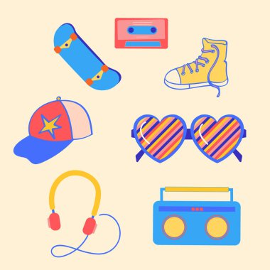 80 'lerin Genç Eğlenceli Nesneleri Vektör İzole Edilmiş Elementler