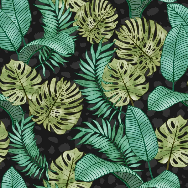 Tropical Foliage in Green and Black Seamless Pattern
