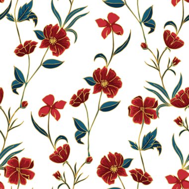 Beyaz Arkaplan Vektörü Kusursuz Desenli Altın Özlü Kırmızı ve Mavi Botanikler