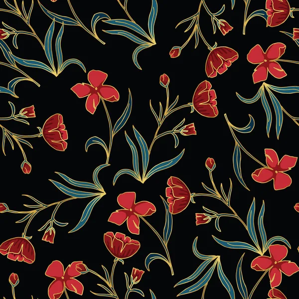 Siyah Arkaplan Vektörünün Kusursuz Şeklinde Altın Özeti olan Kırmızı Çiçek Dalları