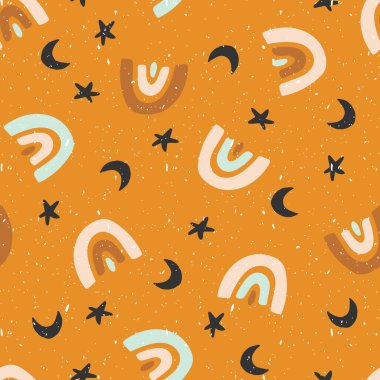 El Çizimi Gökkuşakları, Yıldızlar ve Ay Vektörü Kusursuz Desen