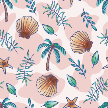 Tropikal Plaj Deniz Kabukları ve Yaprakları Suluboya Kusursuz Desen