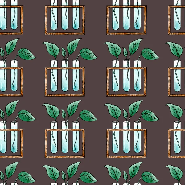Trendy Test Tubes Plant Propagation Station Watercolor Seamless Pattern