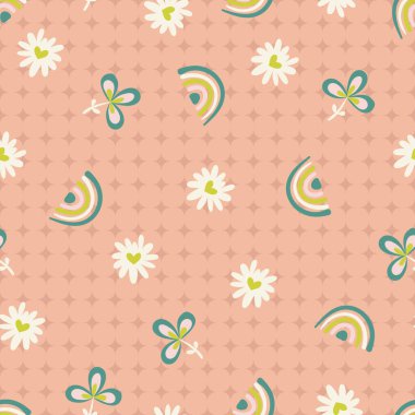 Şirin Gökkuşakları ve Çiçekler Vektör Kusursuz Desen