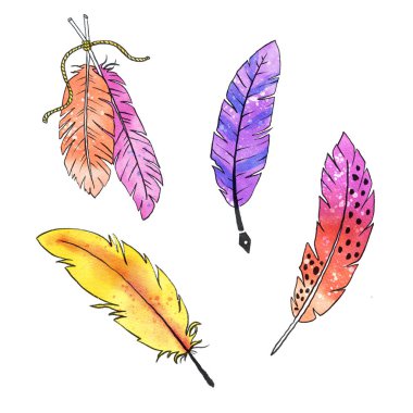 Eğlenceli Renkli Mürekkepli Suluboya Karalama Tüyleri İzole Edilmiş Elementler