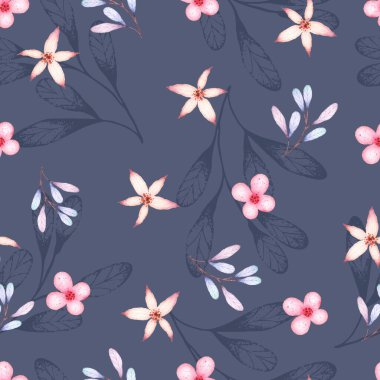 Mavi arkaplanda Yumuşak Çiçekler Suluboya Kusursuz Desen