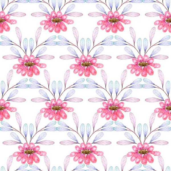 Pink Flowers and Violet Leaves Geometric Watercolor Seamless Pattern