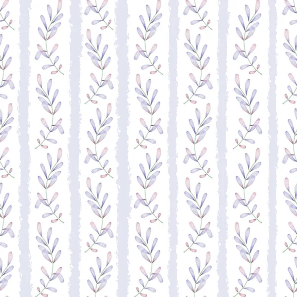 Violet Leaves Stripes Watercolor Seamless Pattern