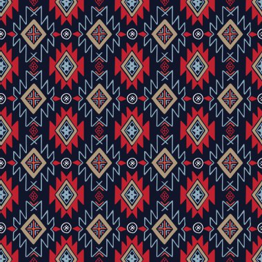 Kırmızı ve Mavi Halk Sanatı Etnik Motifler Vektörsüz Desen