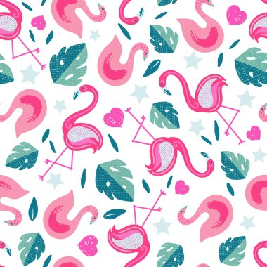 Flamingo ve Kuğu Tropikal Yapraklar Vektörsüz Kalıp