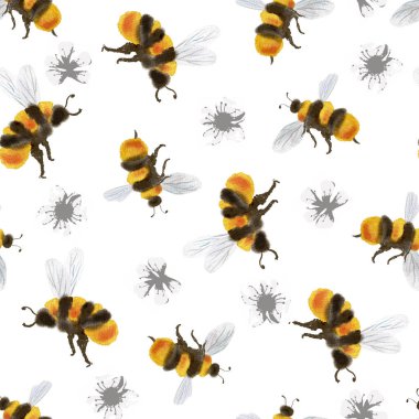 Bal Arıları Gri Çiçekler Suluboya Kusursuz Desen