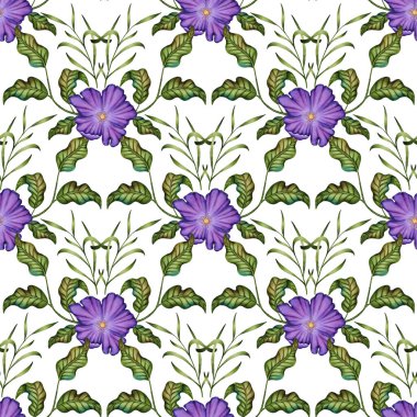 Mor Çiçekler ve Yapraklar Geometrik Kusursuz Desen