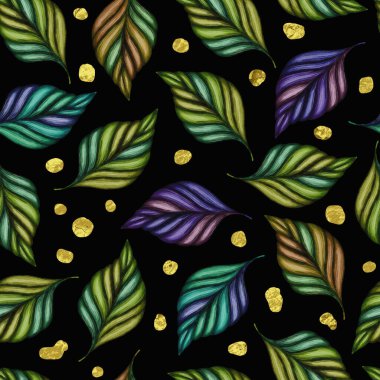 Geniş Yapraklar ve Altın folyo Dekoratif Kusursuz Desen