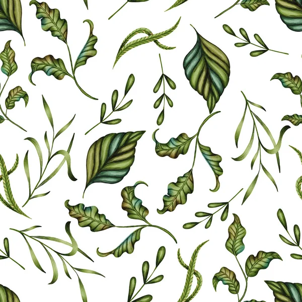 Green Foliage on White Background Decorative Seamless Pattern