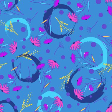 Neon Çiçekleri ve Botanik Şekilleri Soyut Şekiller Vektörsüz Desen