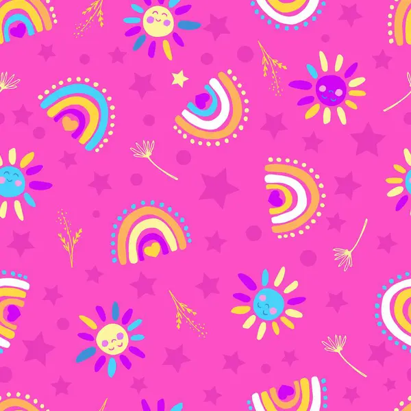 Sıcak Pembe Bahar Gökkuşakları ve Güneş Çocukları Vektörsüz Desen