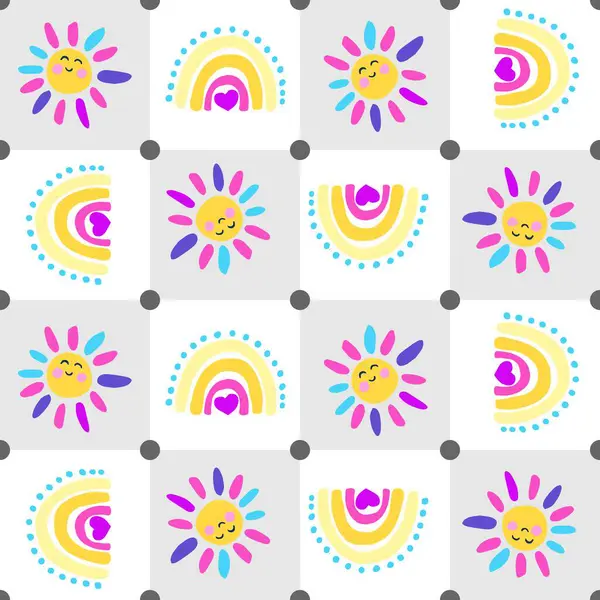 Eğlenceli Bahar Gökkuşağı ve Güneş Denetimleri Vektör Kusursuz Desen