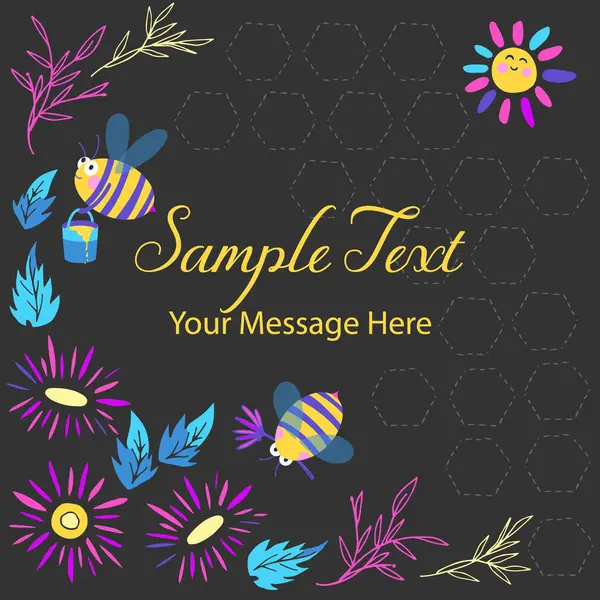 Neon Renkli Bal Arıları ve Çiçekler Şirin Vektör Çerçeve Arkaplanı