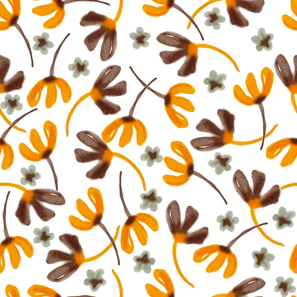 Abstract Yellow and Brown Flowers Watercolor Seamless Pattern