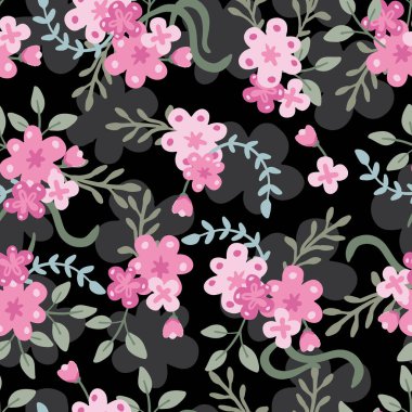 Güzel Pembe ve Siyah Çiçek Bahçesi Vektörü Kusursuz Desen