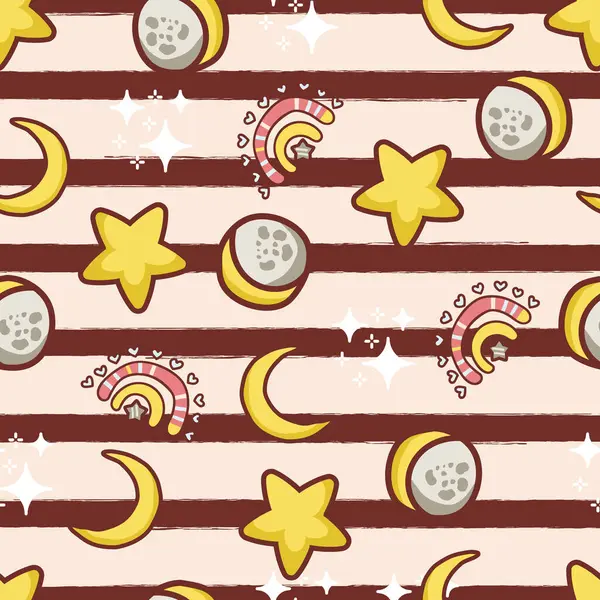 Çizgili Vektör Deseninde Sevimli Yıldızlar, Ay ve Gökkuşağı