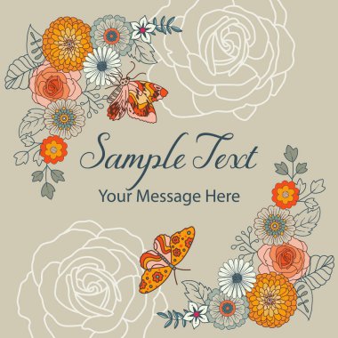 Klasik Retro Groovy Çiçekler ve Kelebek Vektör Çerçeve Arkaplanı