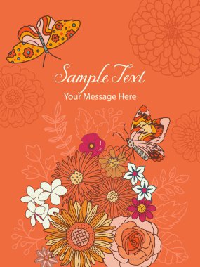 Retro Groovy Çiçekler ve Kelebek Vektör Kartı Arkaplanı