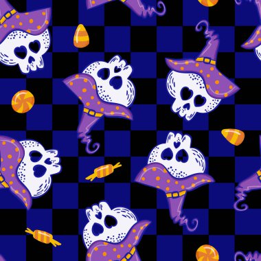 Cadı Şapkası Giyen Kurukafalar ve Şekerleme Vektörü Kusursuz Desen