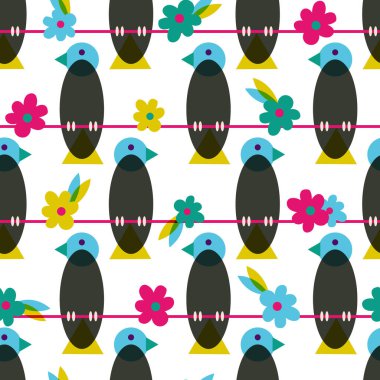 Retro Oturan Kara Kuş Dalsız Vektör Deseninde