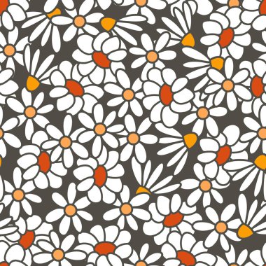 Papatya Beyaz Çiçekleri Siyah Arkaplan Vektörsüz Desen