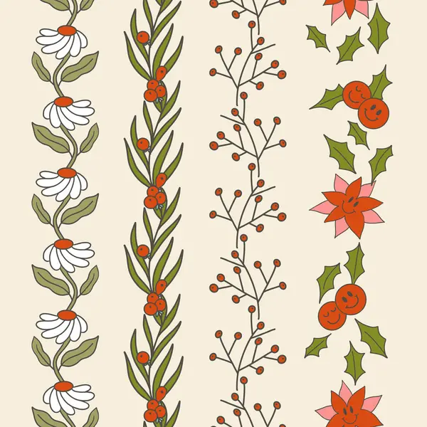 Retro Groovy Noel Tatil Botanikleri Vektörsüz Dikey Kenarlıklar Ayarlandı