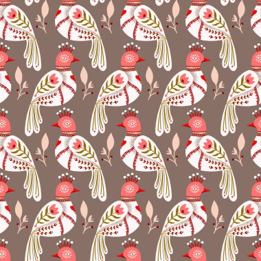 Zarif Halk Sanatı Kuşları Vektör Kusursuz Desen