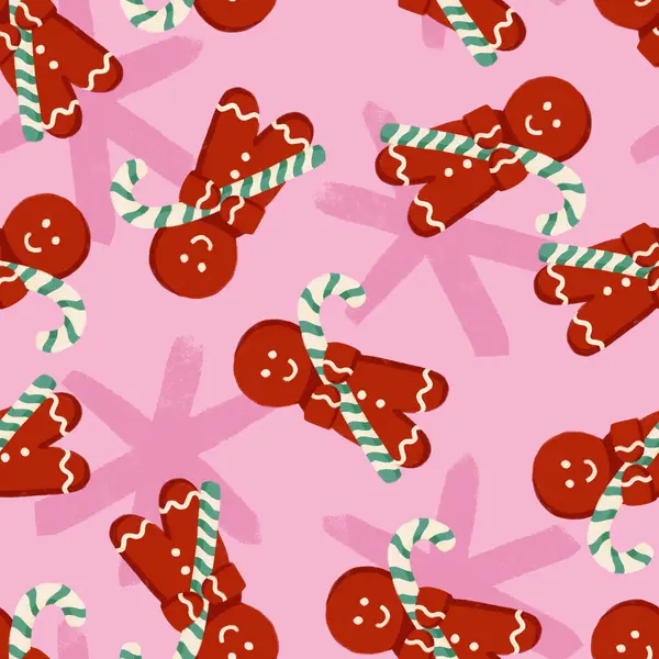 Cute Candy Cane Holding Ginger Bread Man Holiday Seamless Pattern — Stok Foto